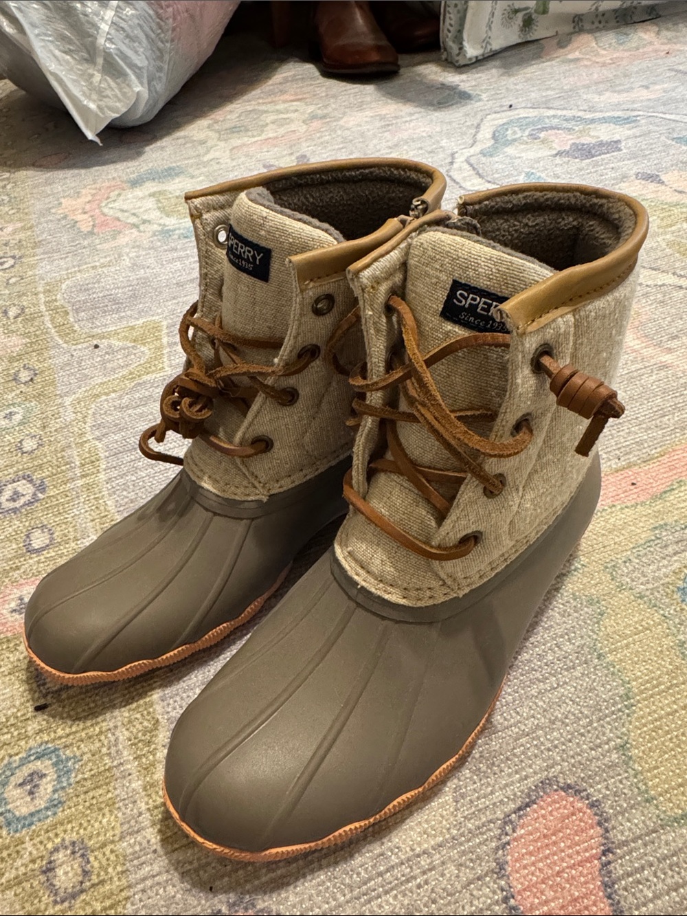 Sperry Two-Tone Waterproof Duck Boots in Taupe and Cream